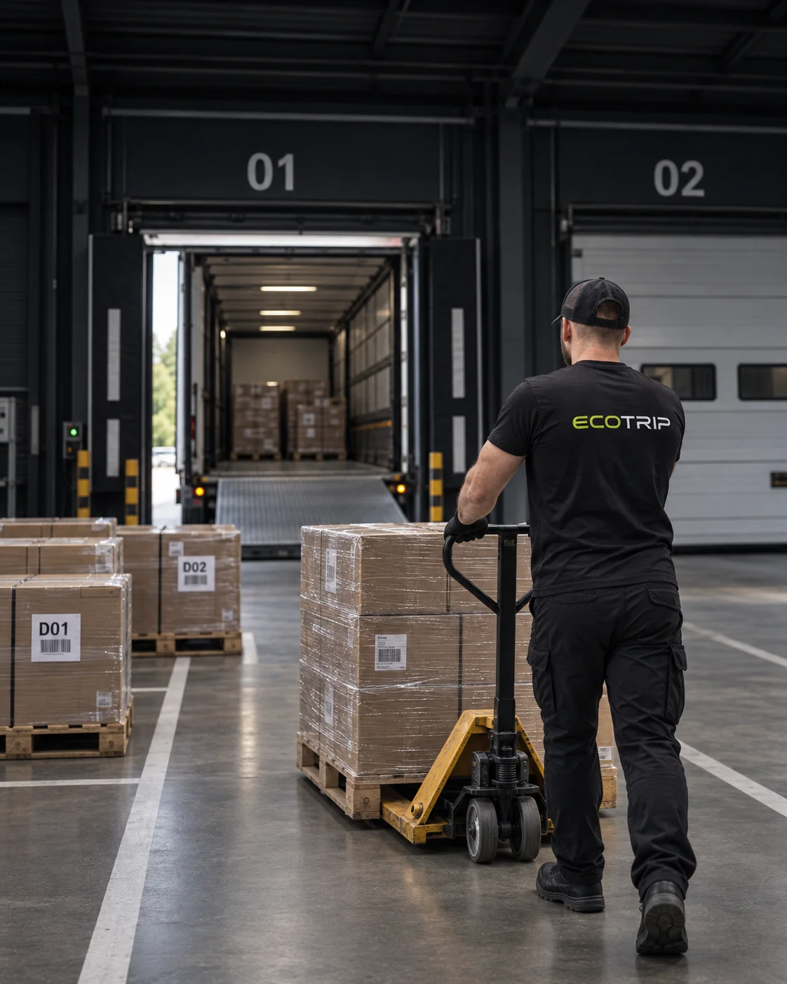 An EcoTrip staff member moving boxes with a pallet truck beside loading doors and separated distribution flows. Illustration.