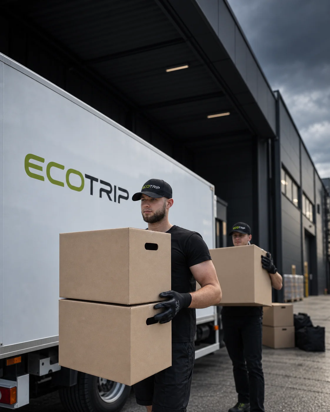 EcoTrip staff carrying boxes beside a vehicle and goods receiving point. Illustration.