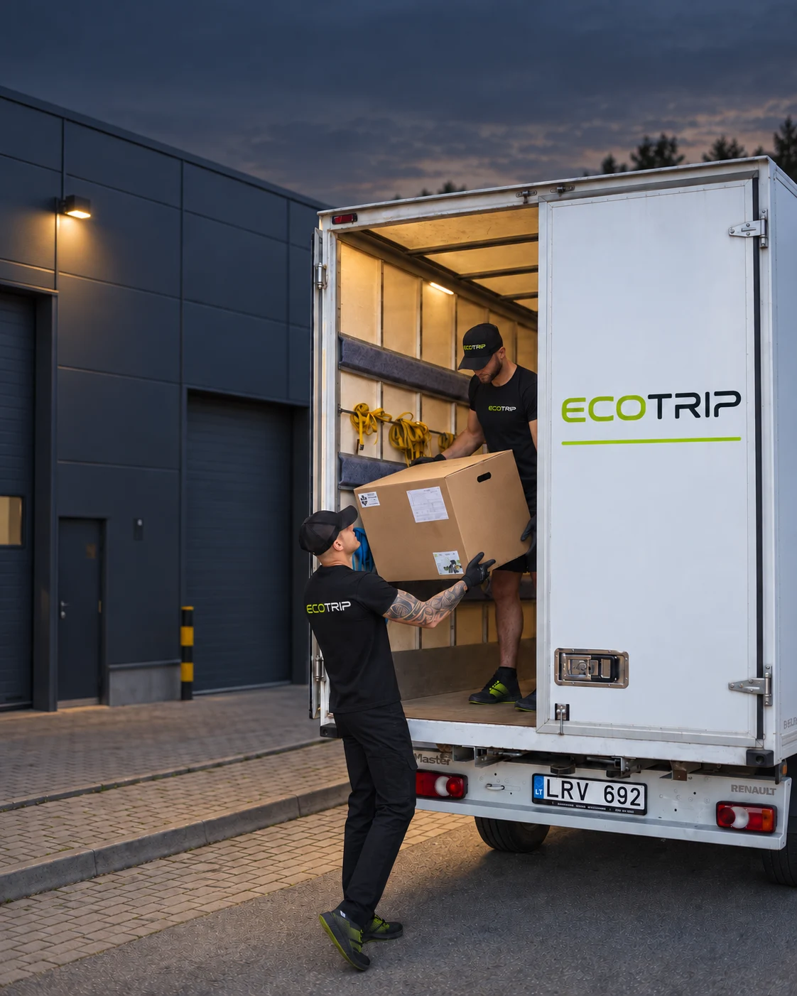 Two EcoTrip staff handing over a box beside a goods vehicle. Illustration.