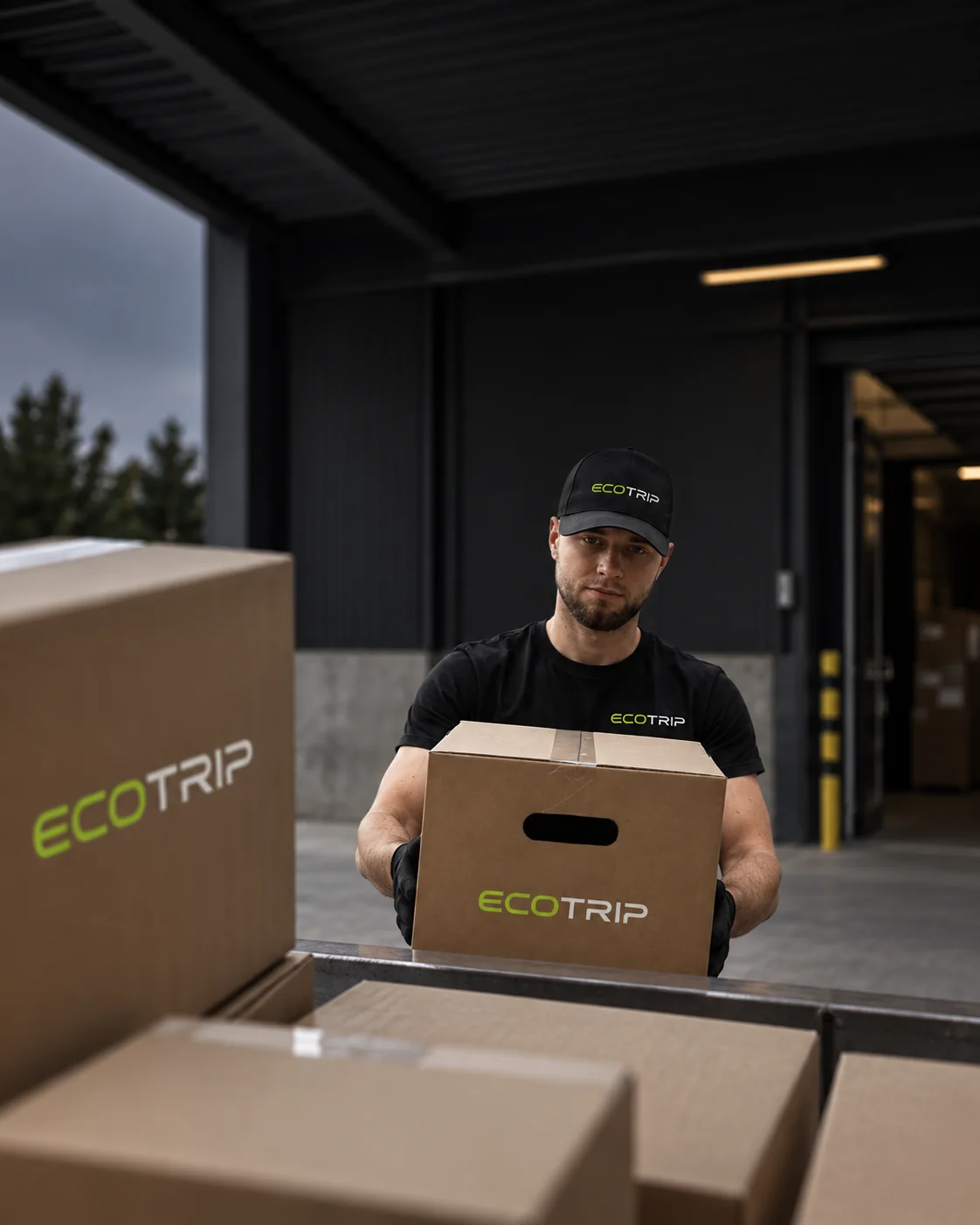 An EcoTrip staff member receiving a box among prepared shipments. Illustration.