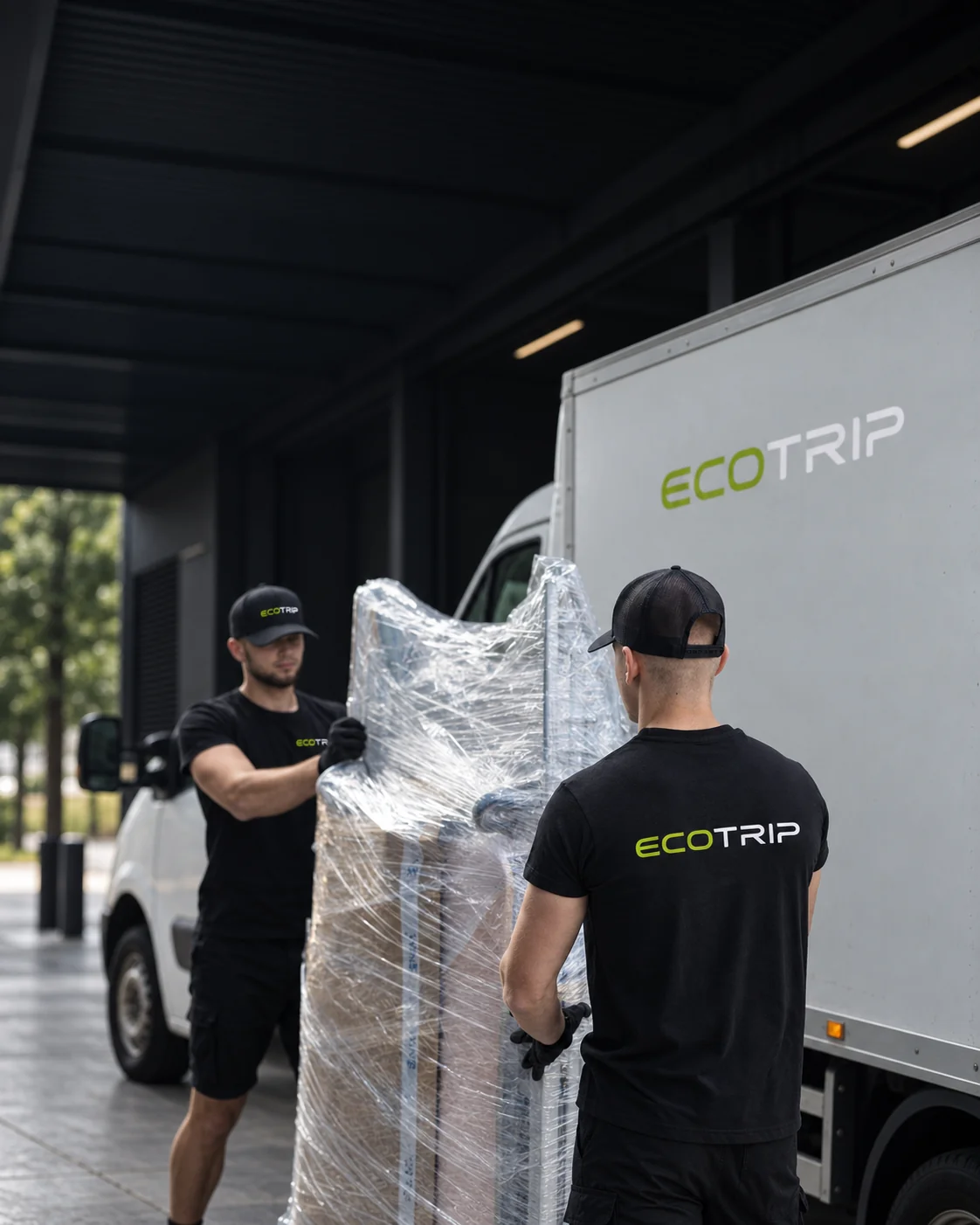 The EcoTrip team moving a purchase wrapped in protective film beside a vehicle. Illustration.