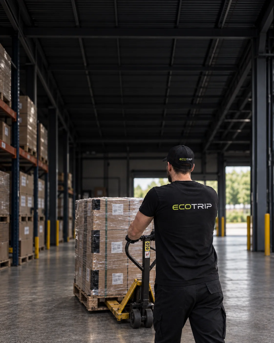 An EcoTrip staff member moving secured boxes with a pallet truck in a warehouse receiving area. Illustration.