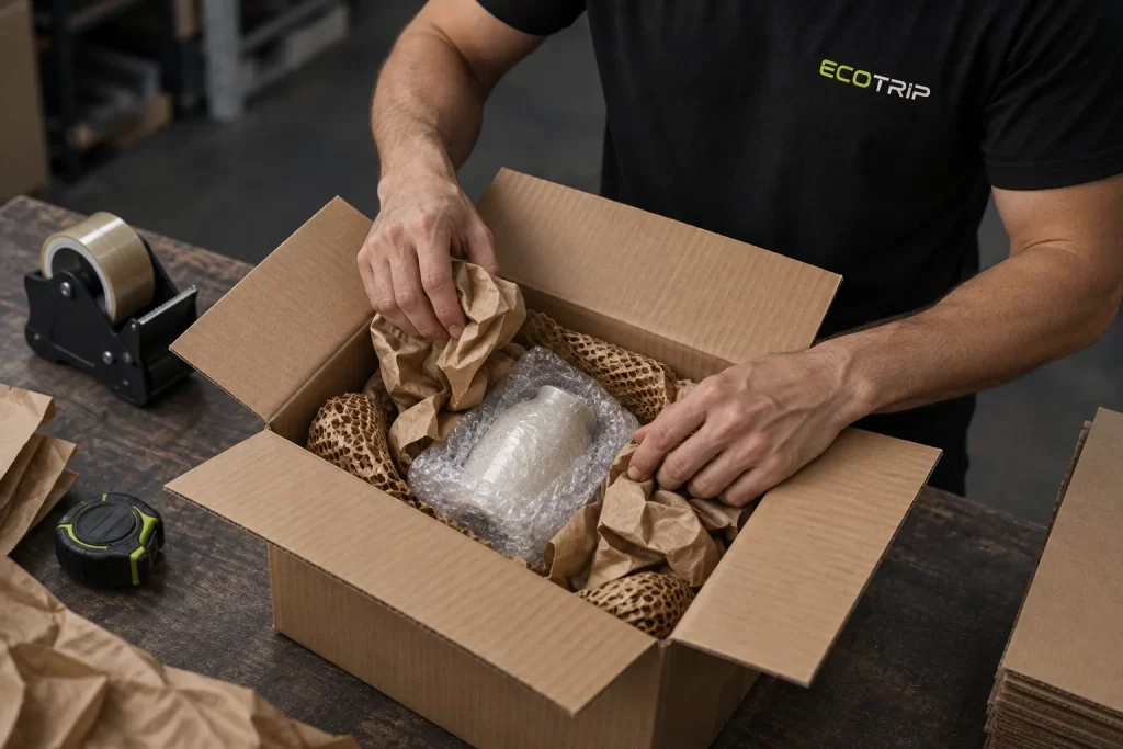 A staff member filling gaps with paper around a protected item in a box