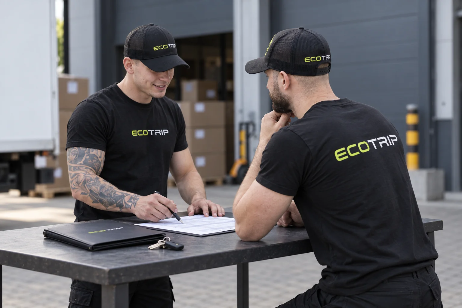 „EcoTrip“ darbuotojai prieš išvykimą aptaria užduočių lapą prie darbo stalo